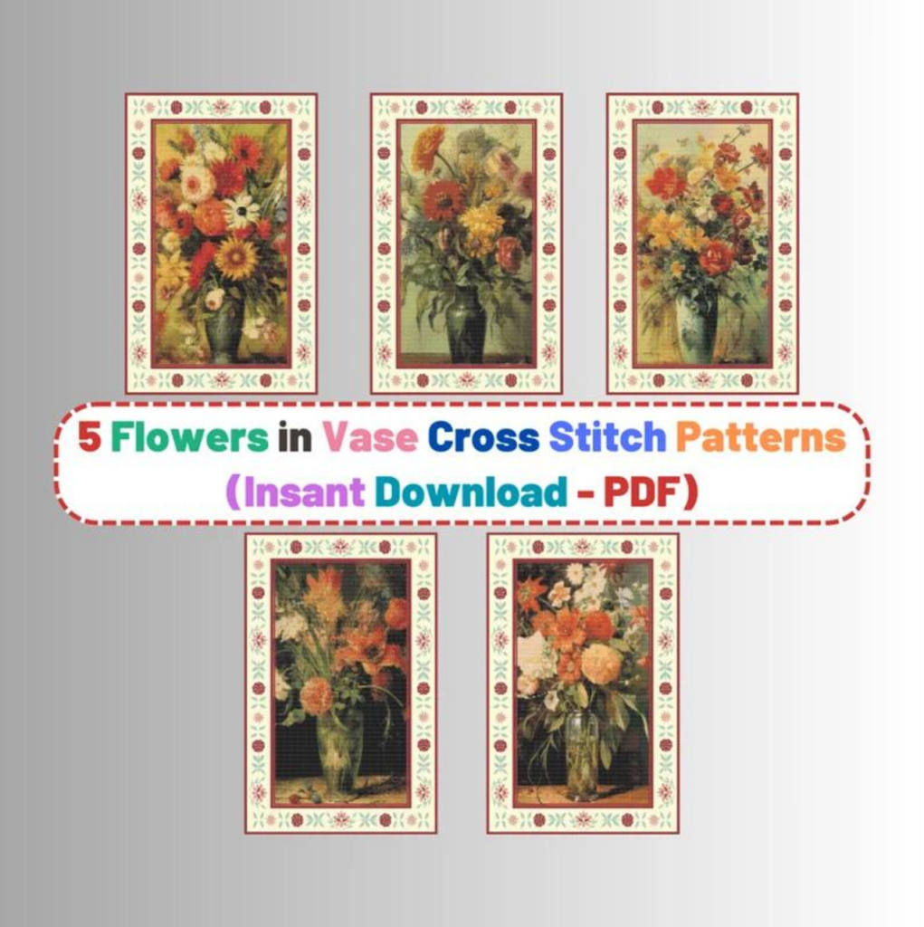 5 beautiful flower cross stitch patterns available for digital download (PDF)